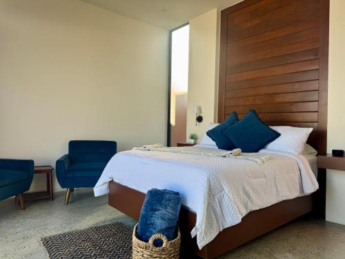 a bedroom with a bed and two blue chairs at Ariché en Valle de Guadalupe in Valle de Guadalupe