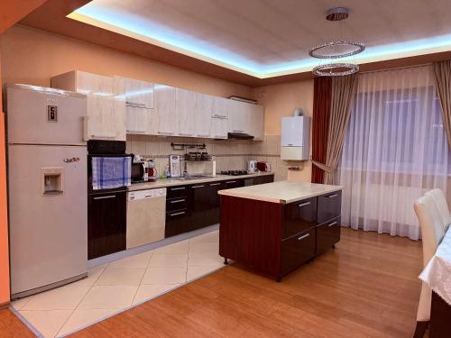 a large kitchen with a white refrigerator and cabinets at Alisia House in Sibiu