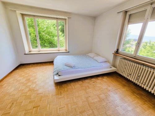 a bedroom with a bed in a room with two windows at City Center Flats with Balcony Garden View Rigi Self Checkin in Zürich