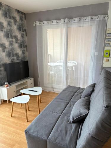 a bedroom with a large gray bed and a television at Les heures douces - Futuroscope in Dissay