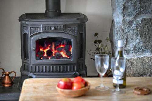 a fireplace with a bowl of apples and a bottle of wine at Marina Beach Cottage in Pwllheli