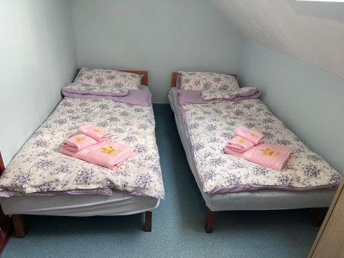 two twin beds in a room with pink sheets at Lawendowa Przystań - Dolina Baryczy in Ujeździec Mały