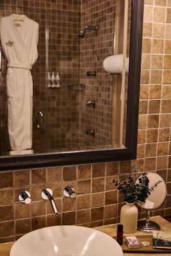 a bathroom with a sink and a mirror and a shower at The Harbor Front Inn in Greenport
