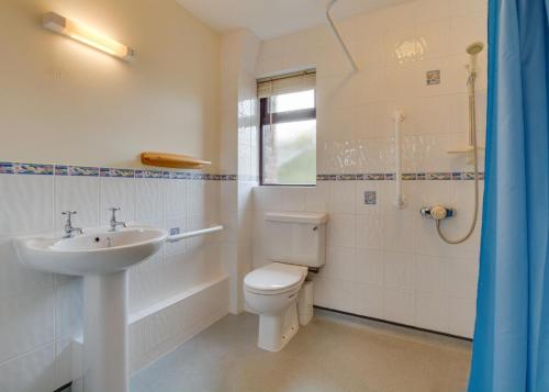 a bathroom with a toilet and a sink at Gwels Efan Barn in Saint Issey