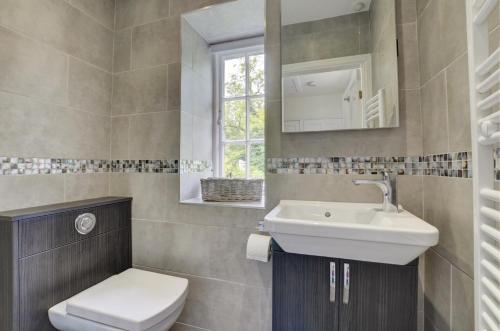 un bagno con lavandino, WC e specchio di Mill Race Cottage a Chapel Stile