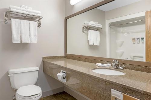 a bathroom with a toilet and a sink and a mirror at Best Western Plus Woodstock Hotel Conference Centre in Woodstock