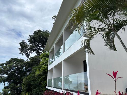 a white building with glass windows and a palm tree at Karahe Beach Hotel in Manuel Antonio