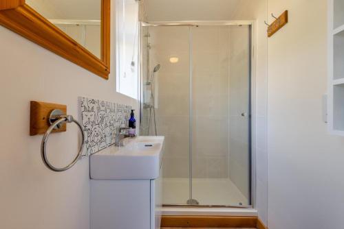 une salle de bain avec douche et lavabo dans l'établissement Lavender Cottage - Brockenhurst, à Brockenhurst