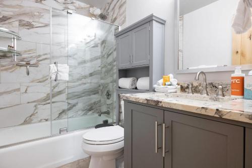 Un baño con ducha, inodoro y lavabo. en 120 Gopher Rd #B14, en Avon