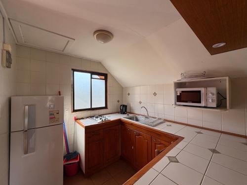 a kitchen with a refrigerator and a microwave at Cabañas Villa Alejandra in Las Cabras