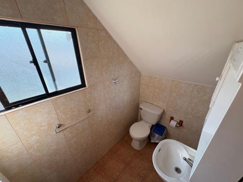 a bathroom with a toilet and a sink and a window at Cabañas Villa Alejandra in Las Cabras