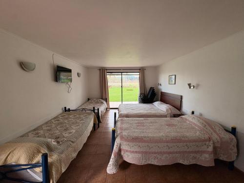 three beds in a room with a window at Cabañas Villa Alejandra in Las Cabras
