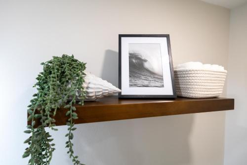 a shelf with a picture and a plant on it at North End Entire House in Boston
