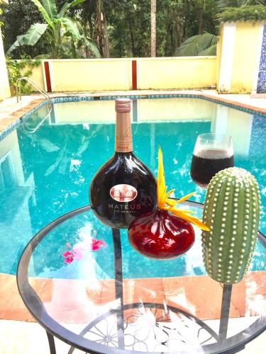 a bottle of wine sitting on a table next to a cactus at Amber- Sun-Kissed Holidays, Goa in Chicalim