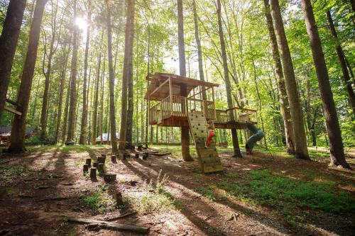 a playground in the middle of a forest at Saluda Summit Cabin at Cabin Fever in Saluda