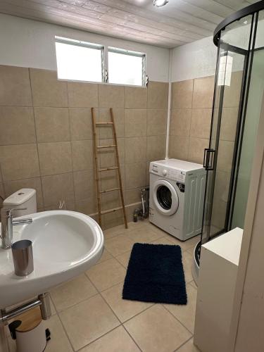 a bathroom with a washing machine and a tub at Le Pitaya in Sainte-Rose