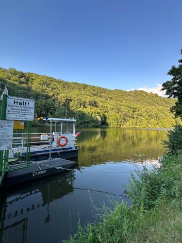 a boat is docked at a dock on a lake at KOMFORT FerienWohnung NeuBau Merzig in Merzig