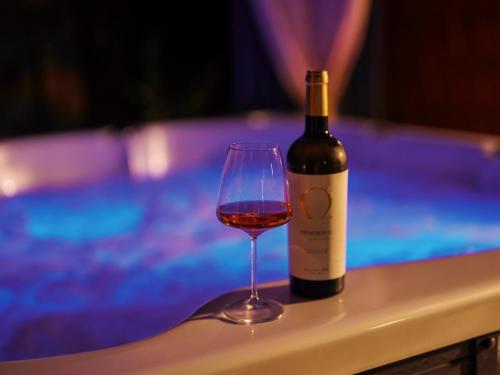 a glass of wine sitting next to a bottle of wine at Bungalou Ikabane in Văratec