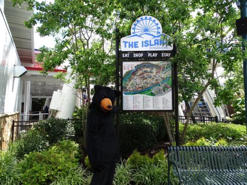 a black bear holding up a sign in front of a sign at Smoky Bear Splash Top Rated Private Pool Cabin with Hot Tub, Mtn Views, Arcade Games, Excellent Location in Pigeon Forge