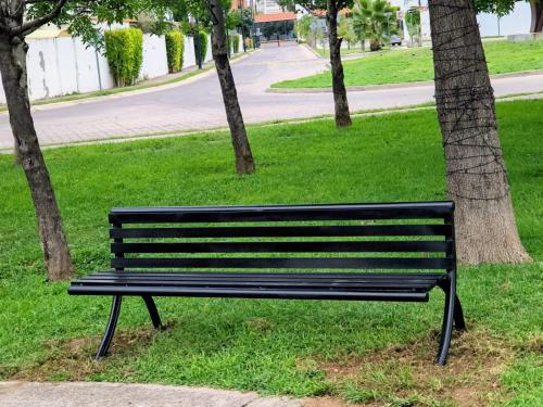 a black park bench sitting next to a tree at Céntrico León Guanajuato México in Sofía
