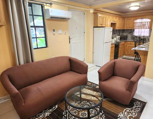 a living room with a couch and two chairs at Ideal Executive Suites in Georgetown
