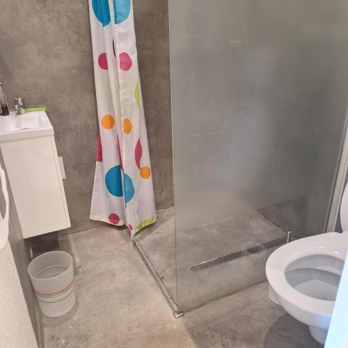 a shower curtain in a bathroom with a toilet at Mazet l'olivier 2 in Saint-Martin-de-Brômes