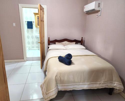 a teddy bear sitting on a bed in a bedroom at Ideal Executive Suites in Georgetown