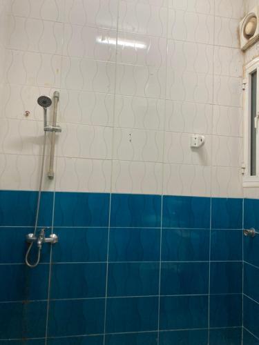 a bathroom with a shower with blue and white tiles at La Villa in Muscat