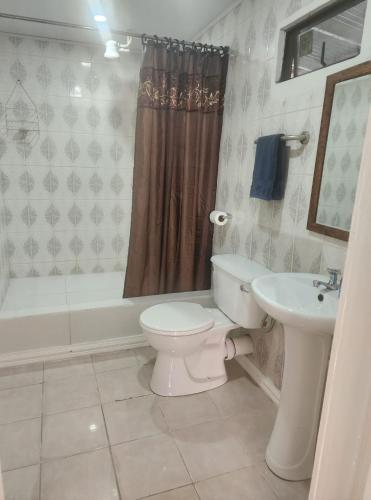 a bathroom with a toilet and a sink at Ideal Executive Suites in Georgetown