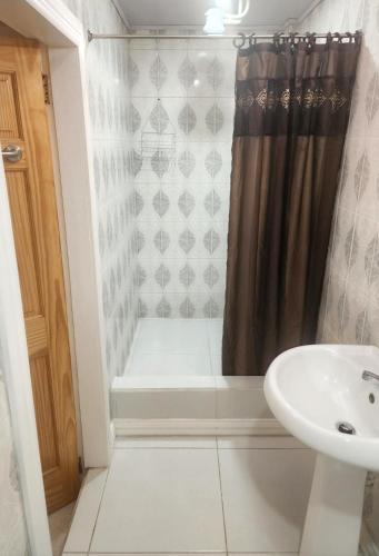 a bathroom with a shower and a sink at Ideal Executive Suites in Georgetown