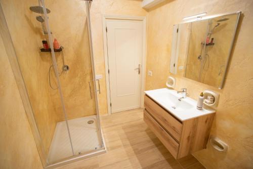 a bathroom with a shower and a sink and a mirror at La Camelia in Tempio Pausania