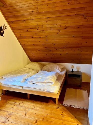 a bed in a room with a wooden ceiling at Chata Rychnovanka in Zdobnice