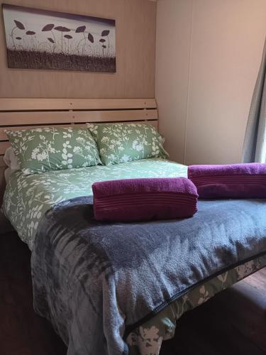 a bed with purple and green sheets and pillows at Hendre Glamping- Caravan Bryngwyn in Boncath