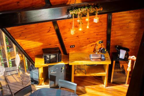 eine Küche mit Spüle in einem Raum mit Holzwänden in der Unterkunft Chalé Boutique Spa- Sauna seca, Jacuzzi , Rede suspensa in Campos do Jordão