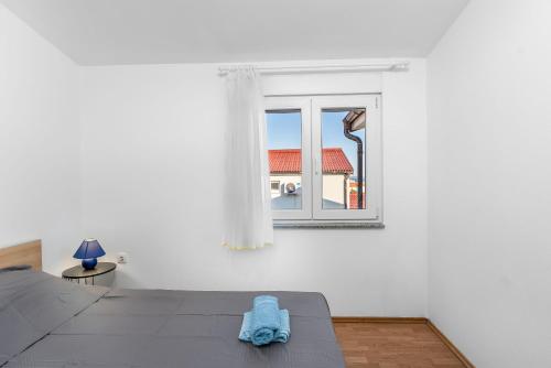 une chambre blanche avec un lit et une fenêtre dans l'établissement Apartment Draga, à Vir