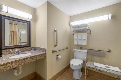 a bathroom with a toilet and a sink and a mirror at Best Western Royal Plaza Hotel and Trade Center in Marlborough