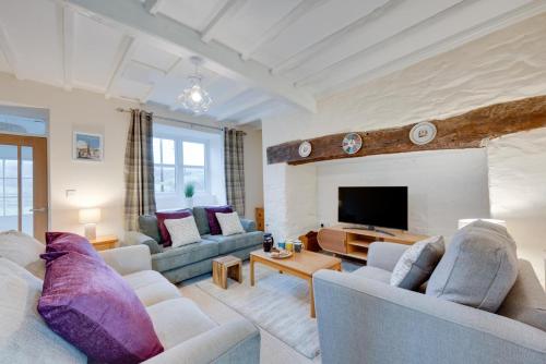 a living room with two couches and a tv at Pwllglas in Darowen