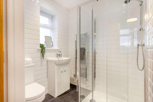 ein Badezimmer mit Toilette, Waschbecken und Dusche in der Unterkunft Buttercup Cottage in Saint Ervan