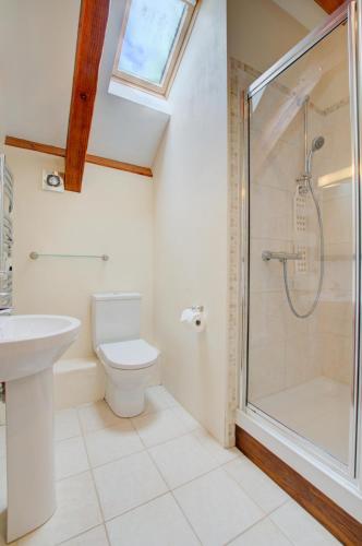 a bathroom with a shower and a toilet and a sink at Threshing Barn in Bampton