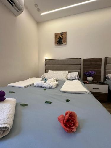 a bedroom with two beds with leaves on the bed at king pyramids in Cairo