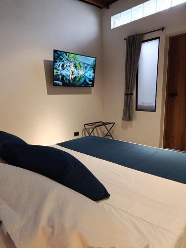 a bedroom with a bed with a tv on the wall at Bluelux Med - B&B in Medellín
