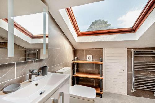 a bathroom with a sink and a skylight at Chestnut Cottage - Stackpole in Stackpole Elidor