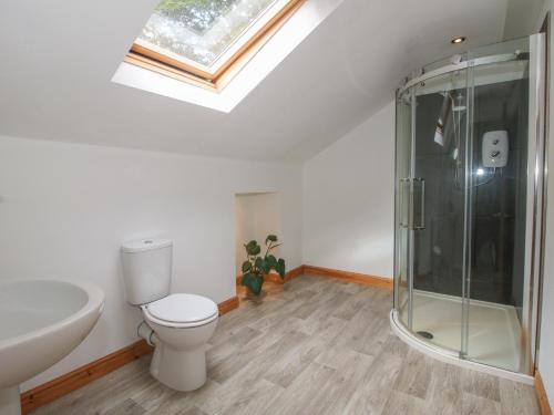a bathroom with a toilet and a glass shower at Old Forge Apartment in Wolverley