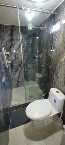 a bathroom with a toilet and a shower at Apto Duplex Familias Numerosas Centro Pasto in Pasto