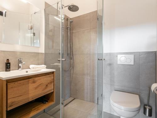 a bathroom with a shower and a toilet and a sink at Grebenzen Lodge 35 in Sankt Lambrecht