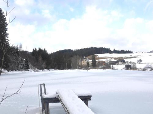 a bench covered in snow next to a frozen lake at Grebenzen Eiszeit Lodge in Sankt Lambrecht