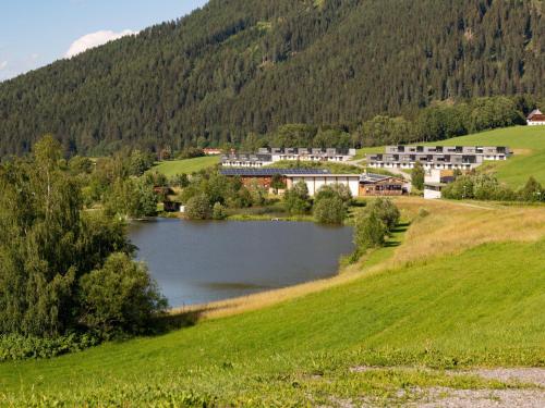 a lake in the middle of a green field with a building at Winzerchalet in Sankt Lambrecht