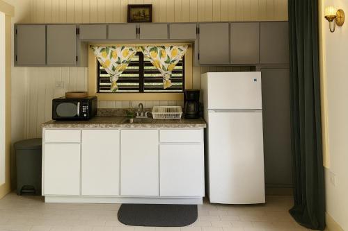 a kitchen with a white refrigerator and a sink at El Oasis Hotel in Aguada