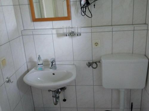 a white bathroom with a toilet and a sink at Fuhrmann Comfortable holiday residence in Neustrelitz