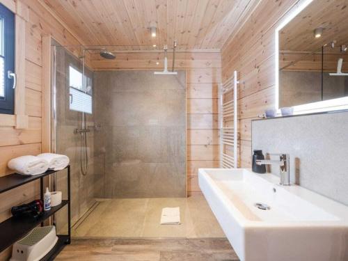 a bathroom with a tub and a shower and a sink at Bergwaldchalet Wellness 7 in Schierke